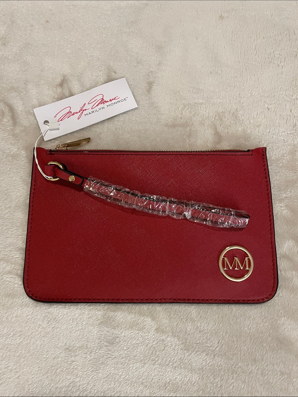 Marilyn Monroe red/orange clutch wristlet, strap, gold tone hardware, NWT
